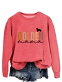 Detail of watermelon red GOLDEN mama sweatshirt with golden retriever silhouette print - Red Sweatshirt (Black Text)