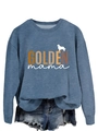 Close-up of Golden Mama print and golden retriever silhouette on blue sweatshirt - Blue Sweatshirt (White Text)