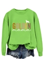 Detail of lime green GOLDEN mama sweatshirt paired with distressed denim shorts - Neon Green Sweatshirt (White Graphic)
