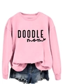 Detail view of pink crewneck sweatshirt with black DOODLE mom letter print decoration - S / Pink (Black Font)