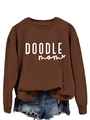 Detail of DOODLE MOM text and heart print on dark brown ribbed collar sweatshirt - S / Coffee (White Font)
