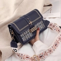 Blue crossbody bag in leather and tweed with floral gold clasp and embroidered strap - Blue