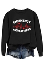 Detailed view of Emergency Department print on a black crewneck sweatshirt with blue denim shorts - S / Black