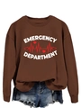 Detail of Emergency Department print on brown crewneck sweatshirt with heart rhythm graphics - S / Coffee