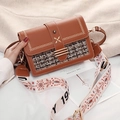 Elegant vintage brown crossbody bag featuring tweed patchwork and wide embroidered strap - Earthy Yellow