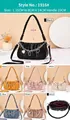 Detailed view of woven handle cloud bag with metallic heart chain and size specs - Black