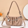 Beige pleated cloud bag with woven handle and rhinestone heart chain detail - Khaki