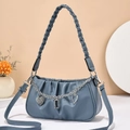 Morandi blue pleated cloud bag with woven handle and metallic chain heart charms - Blue