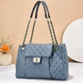 Blue quilted leather tote bag with gold chain strap and metallic turn-lock closure - Blue