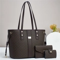 Set 3 pezzi borsa tote vintage con tracolla e pochette in motivo geometrico marrone - caffè