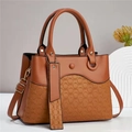 Retro brown women's handbag with woven texture, double handles, and gold hardware detail - Earthy Yellow