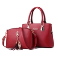 Red pebbled leather tote bag and crossbody purse set with fringe and cat charm details - 2-Piece Set (Tote + Inner Pouch) / Burgundy