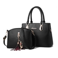 Women's black faux leather handbag set with two pieces, featuring golden hardware and cat charm - 2-Piece Set (Tote + Inner Pouch) / Black