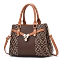 Modern brown leather handbag with diamond pattern canvas and gold buckle closure - Coffee Wave Pattern
