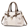 Elegante beige shopper met bruine handvatten en MK MEMOXI-patroon in klassiek design - Witte Letter