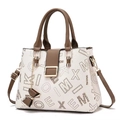 Elegant white and brown leather handbag with leopard print letter patterns and bow charm - Letter White and Khaki