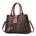 Classic dark brown printed handbag for women featuring a golden lock and bow charm - Letter Coffee with Earthy Yellow