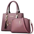 Ensemble sac à main violet deux pièces avec cabas, bandoulière, pendentif chat et pompon - Violet foncé
