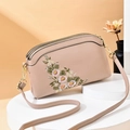 Rosafarbene Umhängetasche für Damen mit Blumenstickerei und Doppelreißverschluss - Khaki