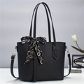 Minimalist black tote bag with silk scarf decoration and adjustable shoulder strap - Black