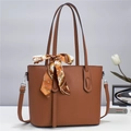 Classic caramel brown tote bag with printed silk scarf and adjustable shoulder strap - Khaki/Earth Yellow