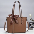 Minimalist dark brown Saffiano tote bag with silk scarf decoration and shoulder strap - Dark Khaki