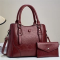 Elegant burgundy leather handbag set for women with two-piece tote and matching clutch bag - Large Tote And Matching Small Bag / Red