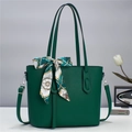Dark green minimalist tote bag with decorative silk scarf and adjustable shoulder strap - Green