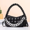 Quilted cloud chain handbag in black glossy leather with thick woven handle and silver chain - Black
