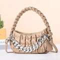 Beige quilted leather crossbody bag with woven handle and silver chain detail - Khaki