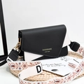 Crossbody square bag in black and white leather with colorful ethnic wide shoulder strap - Black