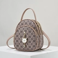 Pink beige mini backpack with logo print, gold zippers and a cute white cat charm - Khaki