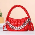 Quilted red handbag with woven handle and chunky silver chain crossbody strap - Red