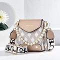 Beige crossbody bag with pearl handle and wide patterned strap on minimalist background - Khaki