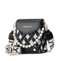 Black patchwork crossbody phone bag with pearl chain and wide letter print strap - Black