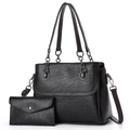 Large black soft leather tote bag set with metal chain straps and small matching pouch - Black