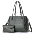 Detailed view of dark green oil wax leather tote bag with matching small clutch wallet set - Green