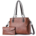 Brown leather tote bag set for women including a large shoulder bag and small wallet - Brown