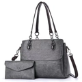 Gray textured soft leather tote bag set with matching wallet and chain strap - Dark Gray