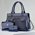 Navy blue patent leather handbag 3pcs set with crocodile pattern tote and clutches - Blue