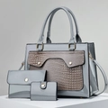 Three-piece grey patent leather handbag set featuring embossed crocodile texture details - Gray