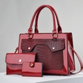 Three-piece red patent leather handbag set featuring embossed crocodile texture panels - Wine Red