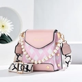 Sac bandoulière matelassé rose et blanc avec poignée perles et large sangle imprimée - Rose