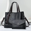 Women's vintage glossy leather tote bag and envelope clutch set with silver rings - Black