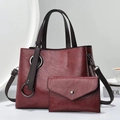 Burgundy faux leather tote and envelope clutch set with pebbled texture and top handles - Wine Red