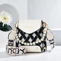 Contrast color crossbody bag with pearl handle and woven pattern for women - Off White