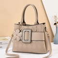 Beige tote bag in pebble leather with quilted texture and rhinestone square buckle detail - Khaki