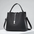 Elegant black lace bucket bag with silver metal buckle and adjustable shoulder strap - Black