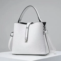 Elegant white bucket bag with floral lace relief and adjustable shoulder strap - White