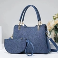 Close-up of blue lace embroidery detail on a large handbag with golden metal hardware - 2Pcs Set (28x12x20cm) / Blue